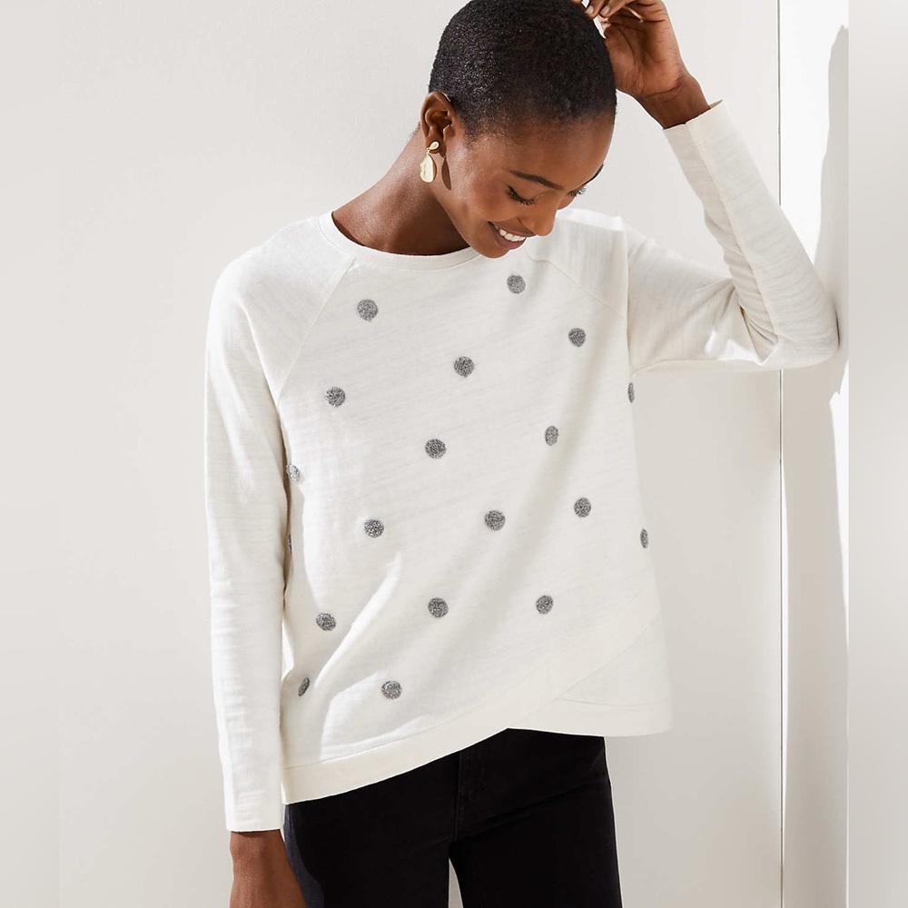 Casual Chic Relaxed‎ Fit Cotton Knit Pullover Top Asymmetrical Hem Cream Dot